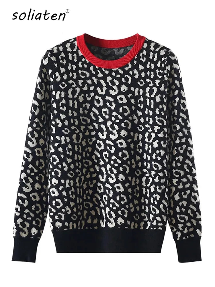 Leopard Knitted Pullovers Long Sleeve Crewneck Jumpers