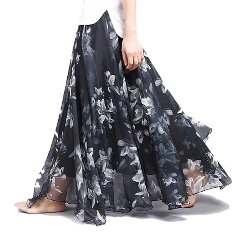 Elegant Floral Print Chiffon Skirt