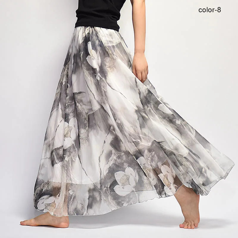 Elegant Floral Print Chiffon Skirt