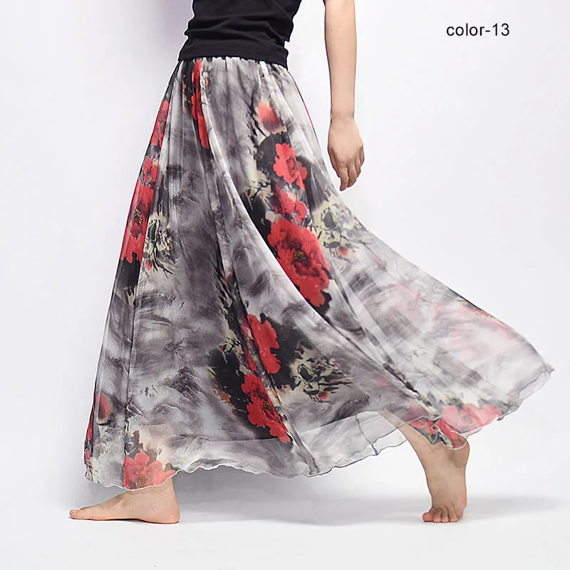 Elegant Floral Print Chiffon Skirt