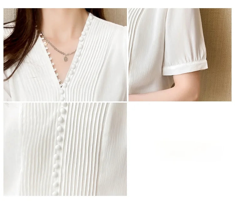 Elegant Sleeve White V-Neck Chiffon Blouse