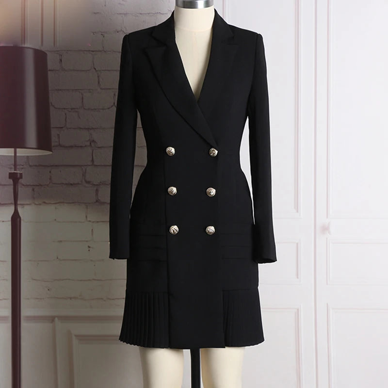 Long Sleeve Notched Collar Double Breasted Buttons Dress