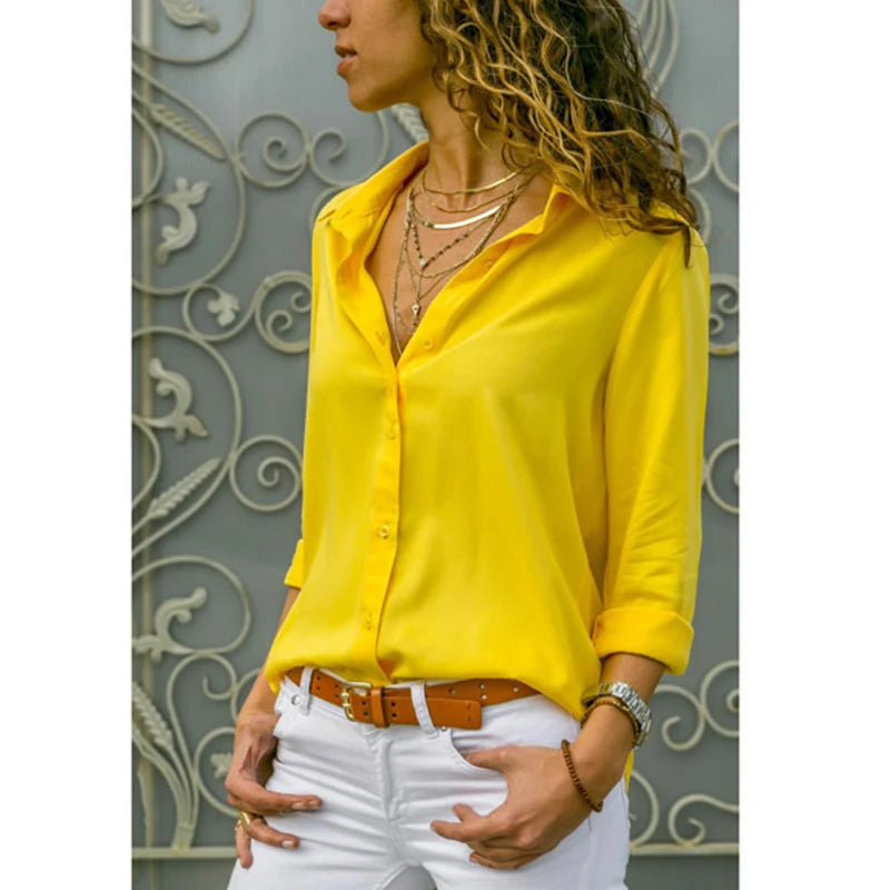 Elegant Long Sleeve Solid V-Neck Shirt