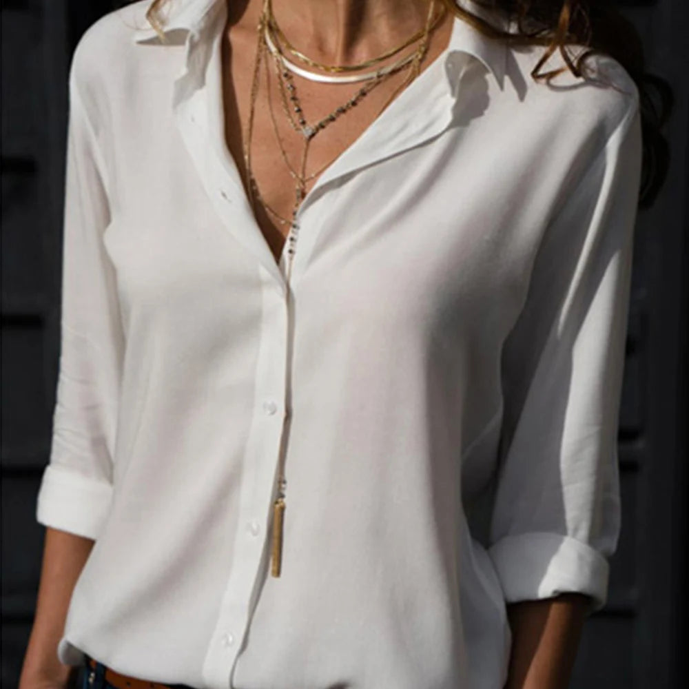 Elegant Long Sleeve Solid V-Neck Shirt