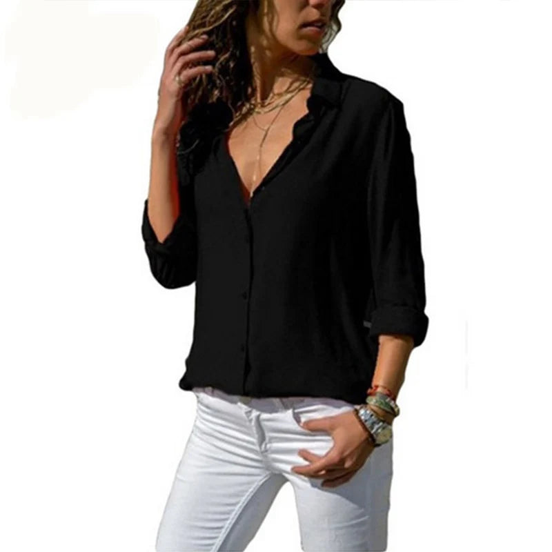 Elegant Long Sleeve Solid V-Neck Shirt