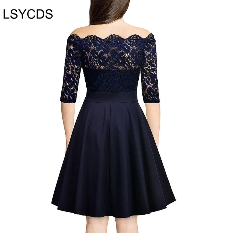 Off Shoulder Lace Retro Party Dress