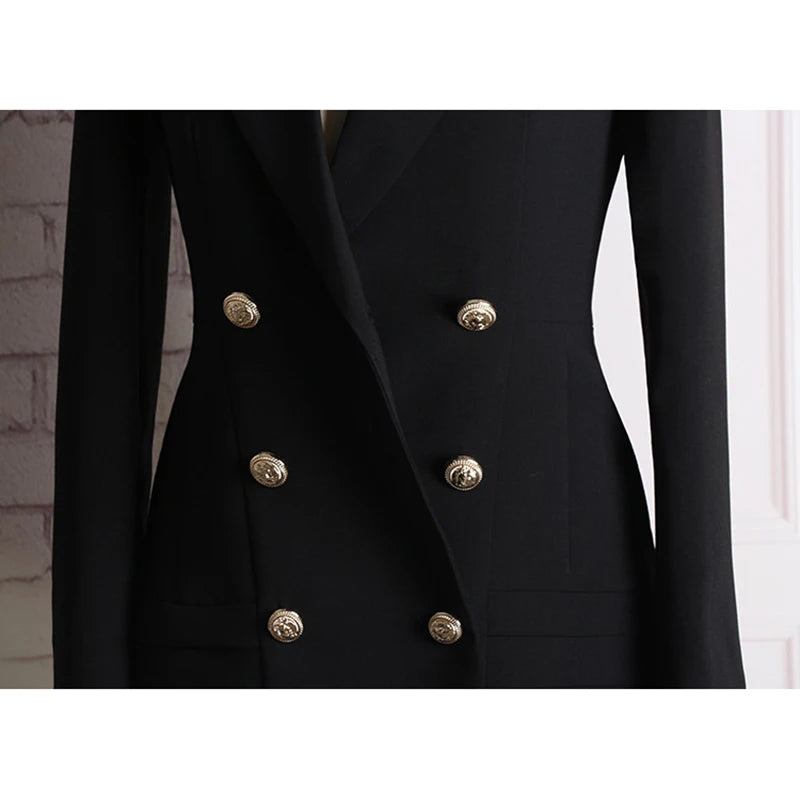 Long Sleeve Notched Collar Double Breasted Buttons Dress