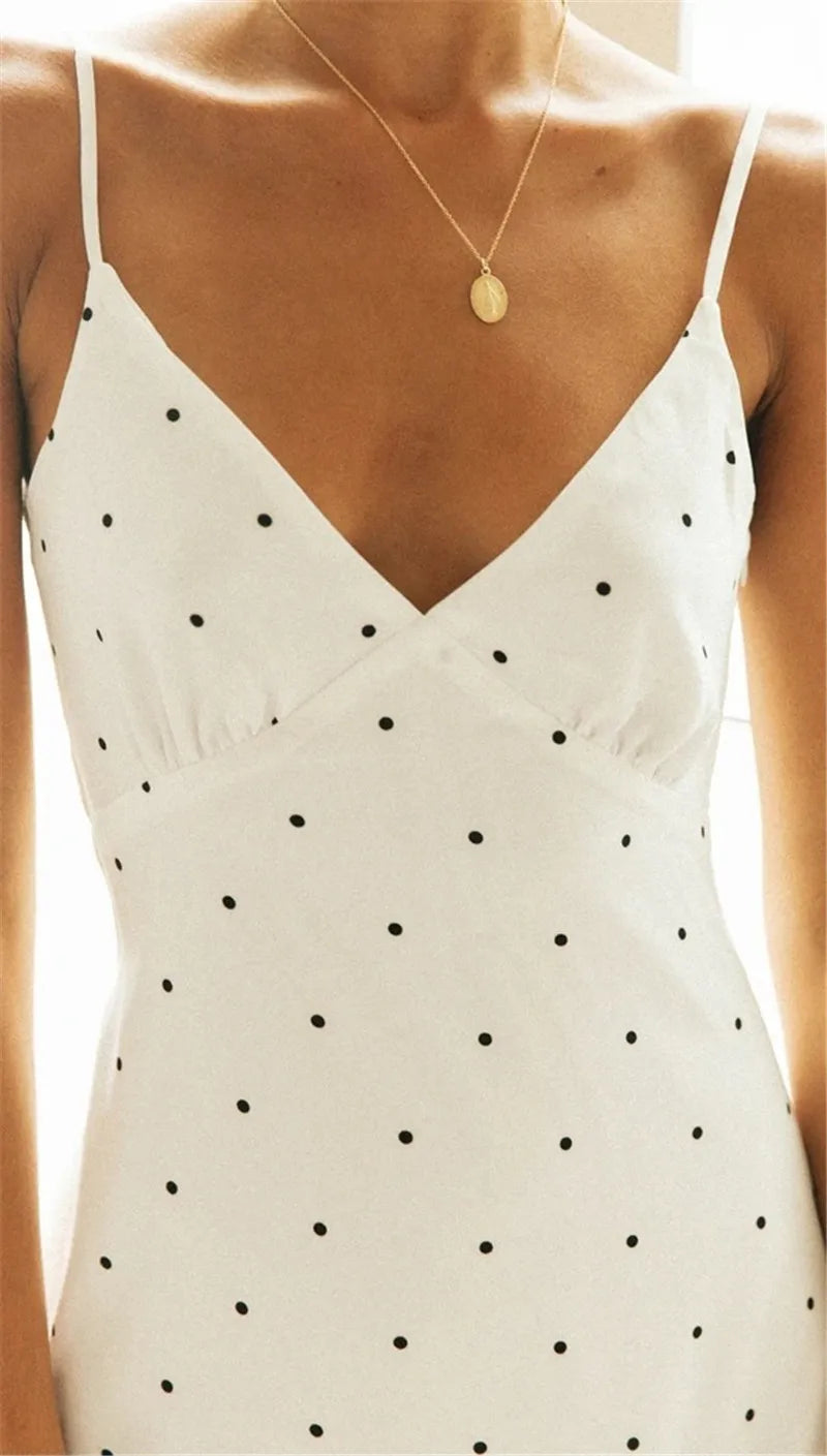 Polka-Dot Halter V-Neck Sleeveless Dress