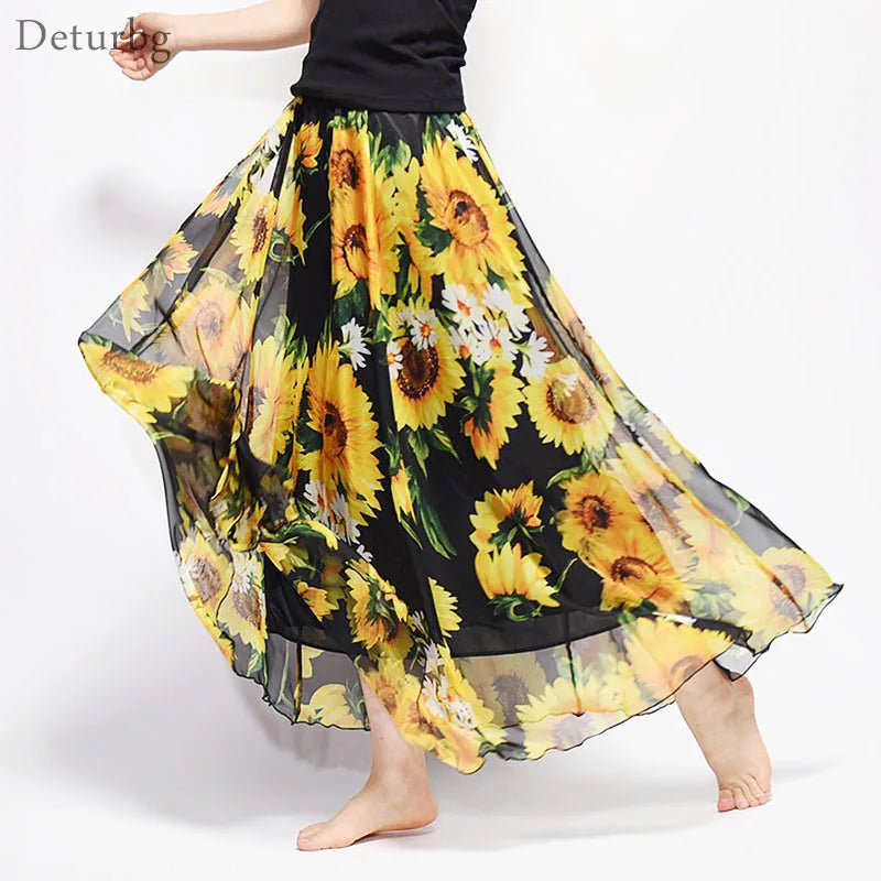 Elegant Floral Print Chiffon Skirt