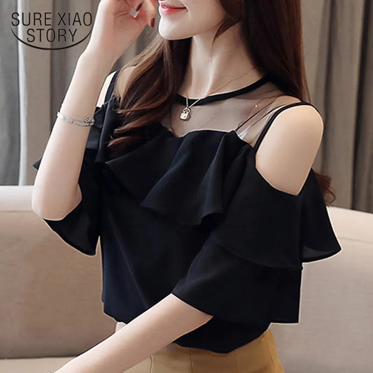 Off Shoulder Strap Short Sleeve Chiffon Top