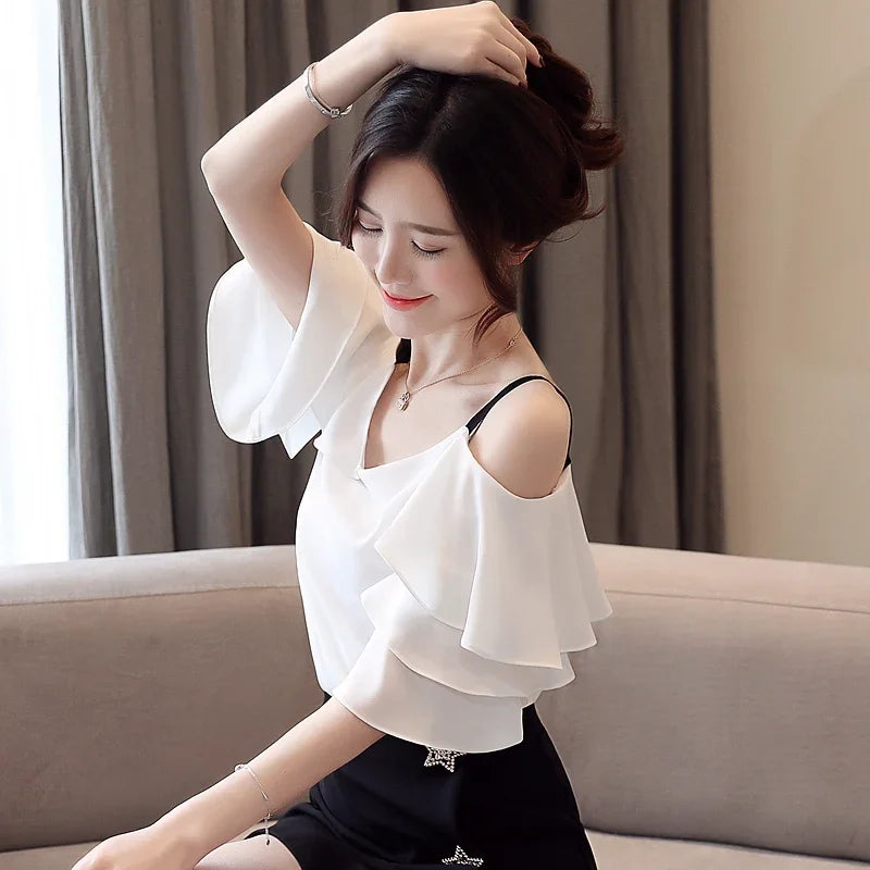 White chiffon neck off shoulder top