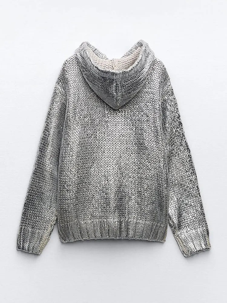 Casual Long Sleeve Chic Metallic Rib Trim Foil Hooded Sweater