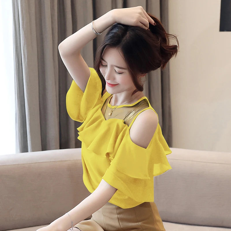 Off Shoulder Strap Short Sleeve Chiffon Top