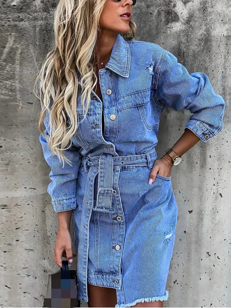 Turn-Down Collar Full Sleeve Denim Streetwear