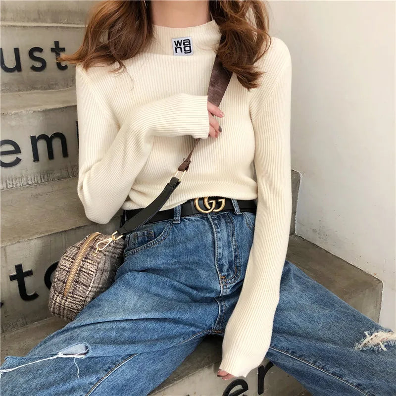 Half Turtleneck Pullovers Solid Appliques Women Sweaters