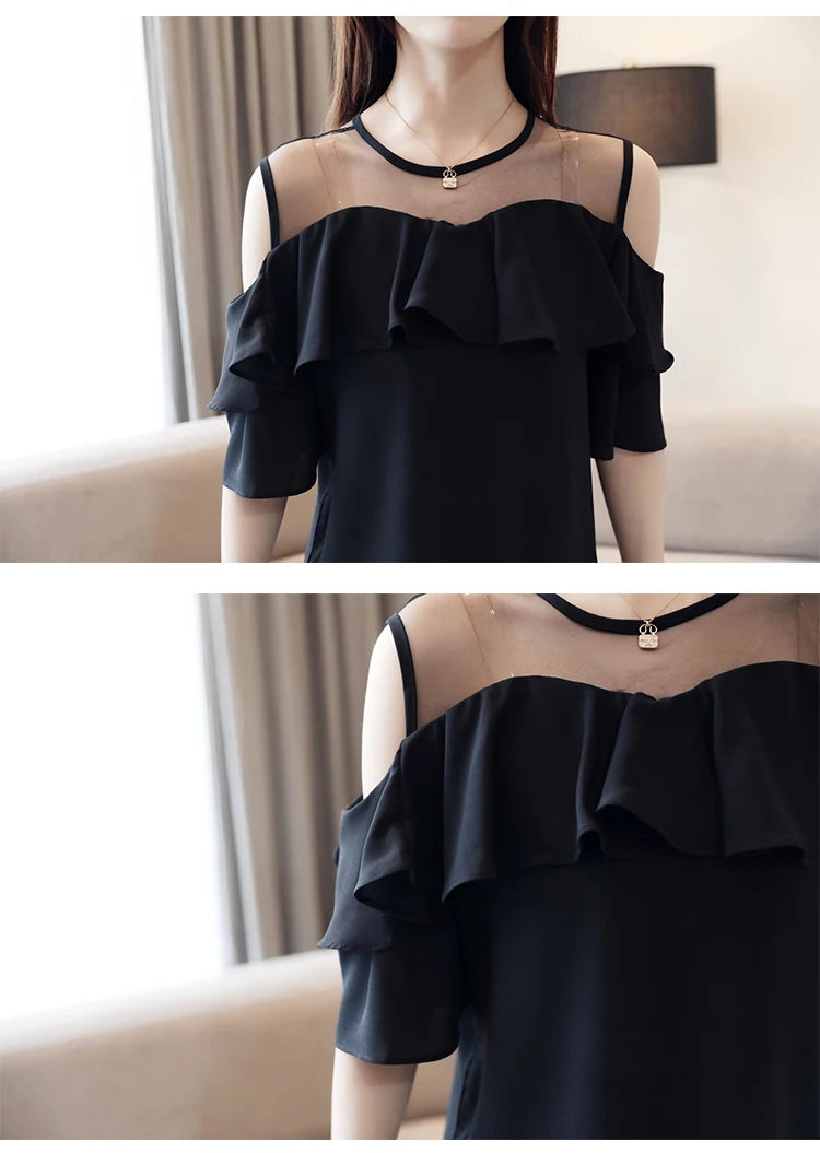 Off Shoulder Strap Short Sleeve Chiffon Top