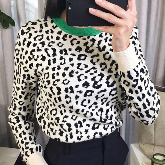 Leopard Knitted Pullovers Long Sleeve Crewneck Jumpers