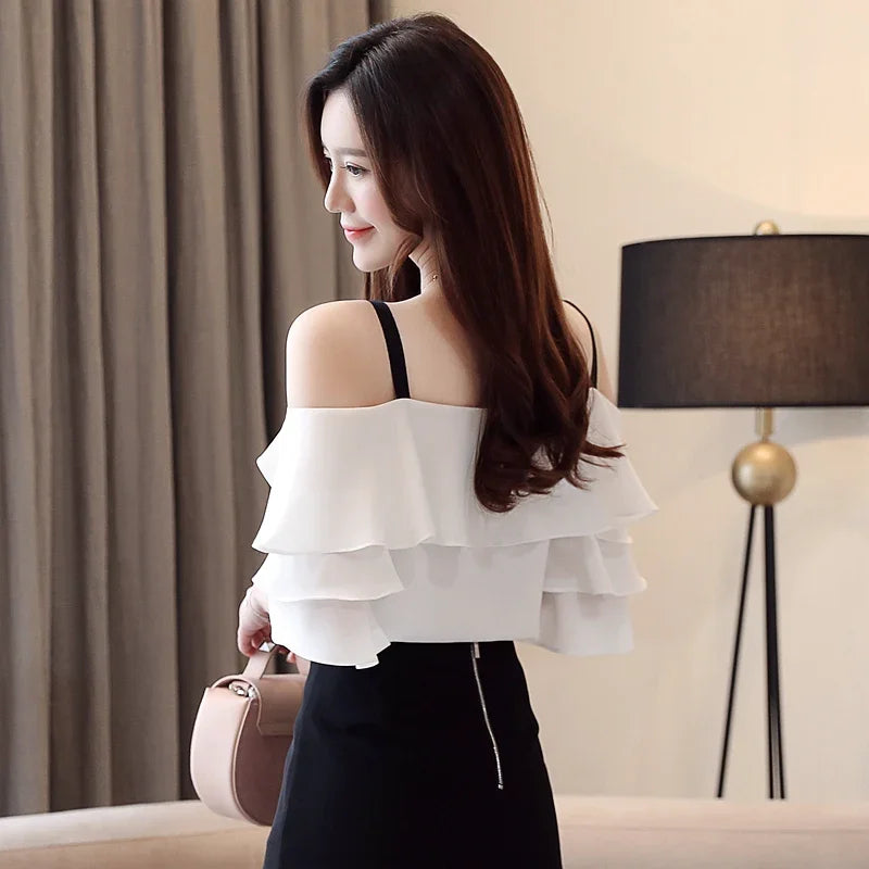 White chiffon neck off shoulder top