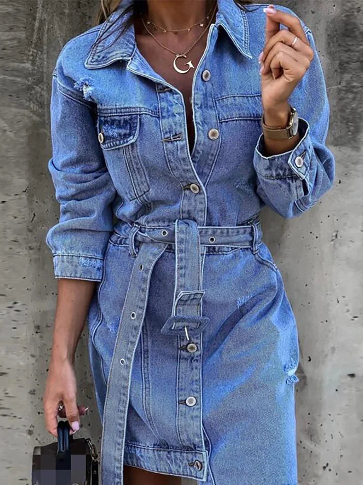 Turn-Down Collar Full Sleeve Denim Streetwear