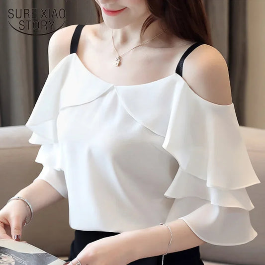 White chiffon neck off shoulder top