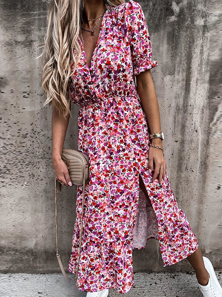 Floral Print V Neck Side Slit Party Dress