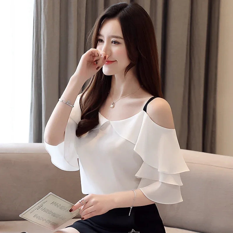 White chiffon neck off shoulder top