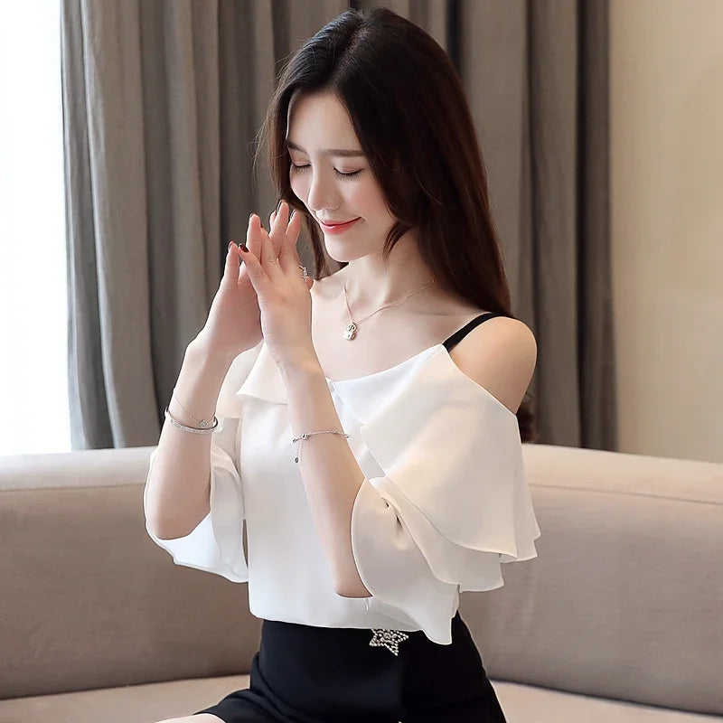 White chiffon neck off shoulder top