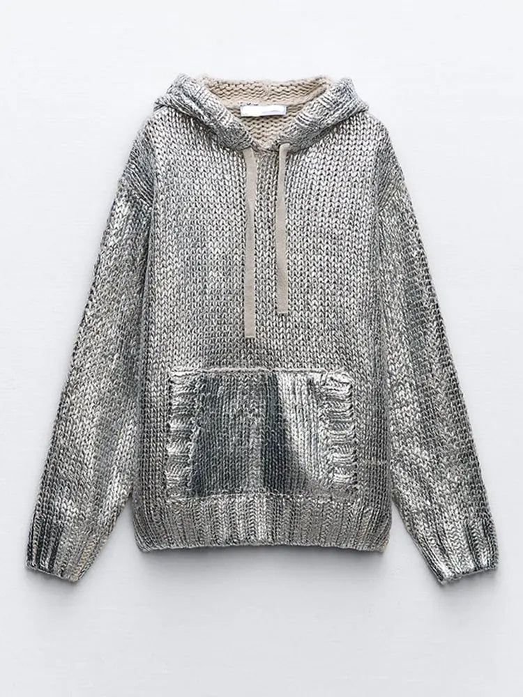 Casual Long Sleeve Chic Metallic Rib Trim Foil Hooded Sweater